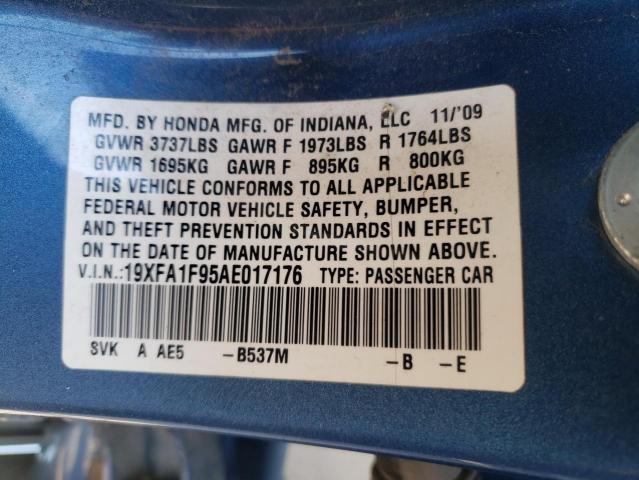 19XFA1F95AE017176 - 2010 HONDA CIVIC EXL Mavi foto 10