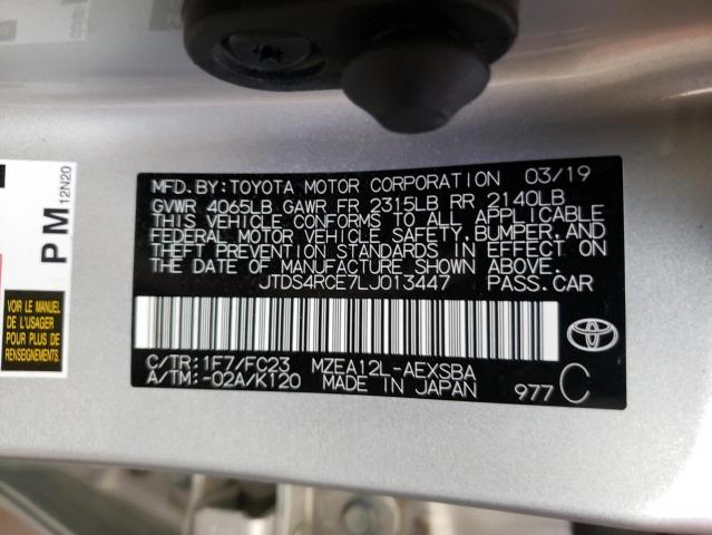 JTDS4RCE7LJ013447 - 2020 TOYOTA COROLLA SE SILVER photo 10