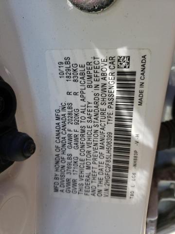 2HGFC2F85LH506399 - 2020 HONDA CIVIC SPOR WHITE photo 10