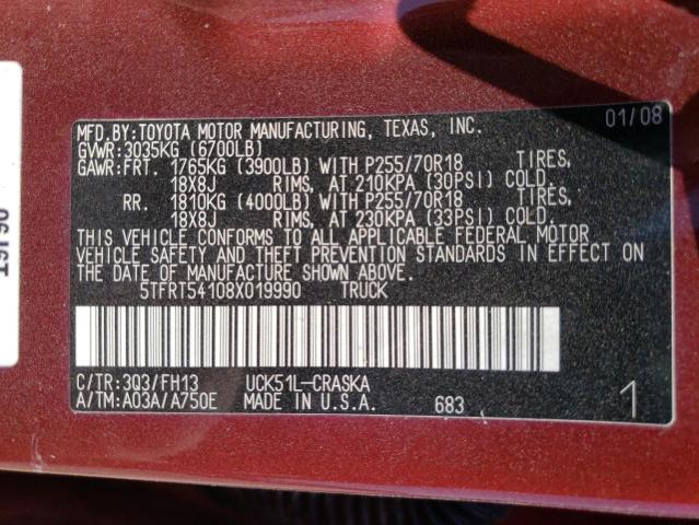 5TFRT54108X019990 - 2008 TOYOTA TUNDRA DOU BURGUNDY photo 10