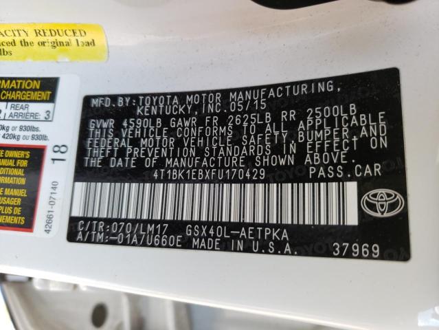 4T1BK1EBXFU170429 - 2015 TOYOTA AVALON XLE WHITE photo 10