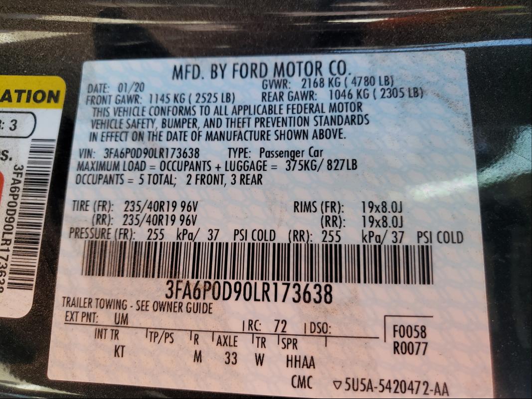 3FA6P0D90LR173638 - 2020 FORD FUSION TIT BLACK photo 10