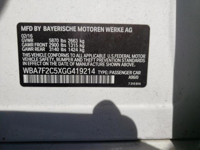 WBA7F2C5XGG419214 - 2016 BMW 750 XI WHITE photo 10