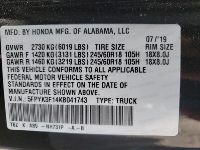 5FPYK3F14KB041743 - 2019 HONDA RIDGELINE BLACK photo 10