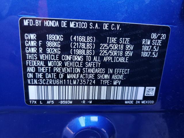 3CZRU6H11LM735724 - 2020 HONDA HR-V SPORT BLUE photo 10