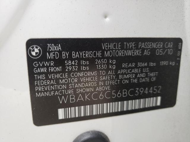 WBAKC6C56BC394452 - 2011 BMW 750I WHITE photo 10