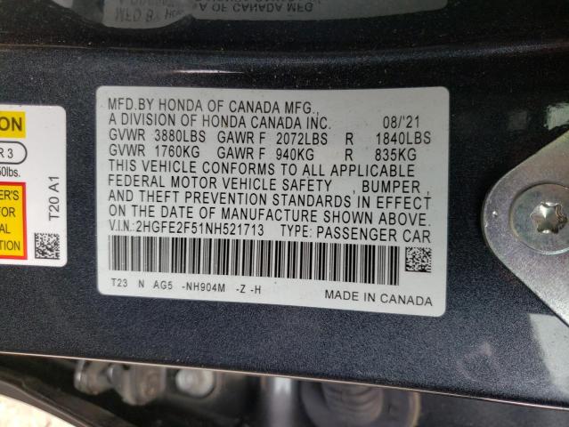 2HGFE2F51NH521713 - 2022 HONDA CIVIC SPOR GRAY photo 10