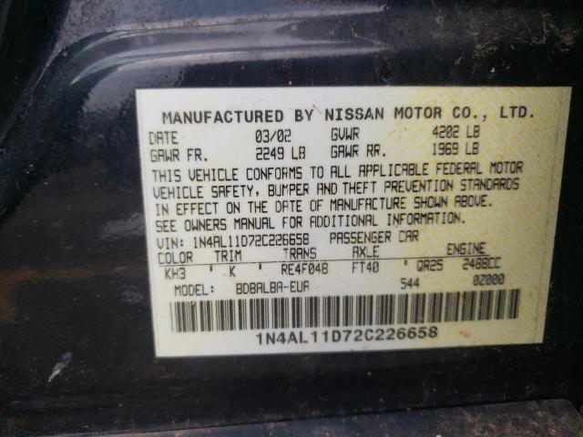 1N4AL11D72C226658 - 2002 NISSAN ALTIMA BAS BLACK photo 10