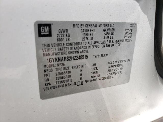 1GYKNARS2HZ248515 - 2017 CADILLAC XT5 WHITE photo 10