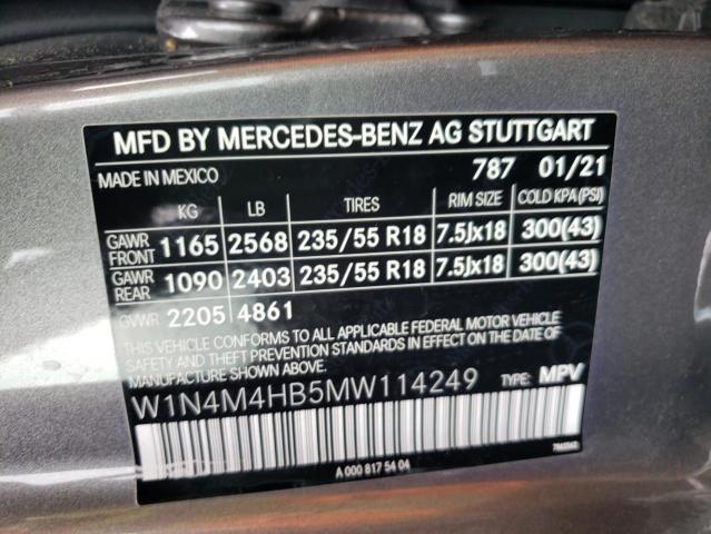 W1N4M4HB5MW114249 - 2021 MERCEDES-BENZ GLB 250 4M GRAY photo 10