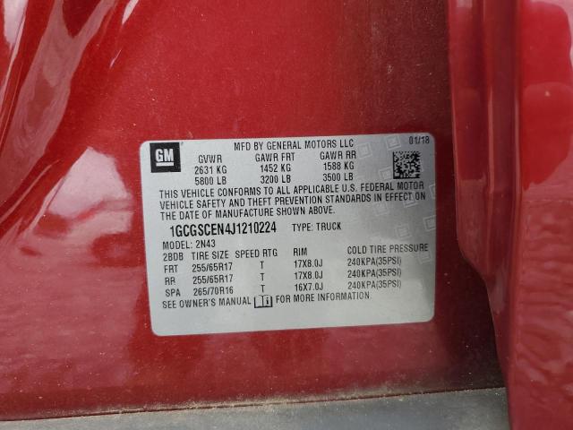 1GCGSCEN4J1210224 - 2018 CHEVROLET COLORADO L RED photo 10