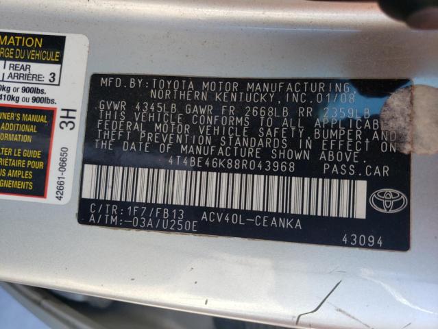 4T4BE46K88R043968 - 2008 TOYOTA CAMRY CE  photo 10