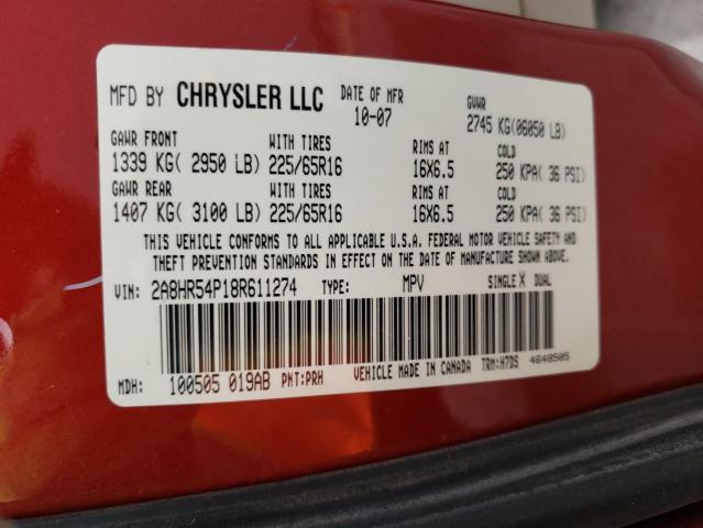 2A8HR54P18R611274 - 2008 CHRYSLER TOWN & COU RED photo 10