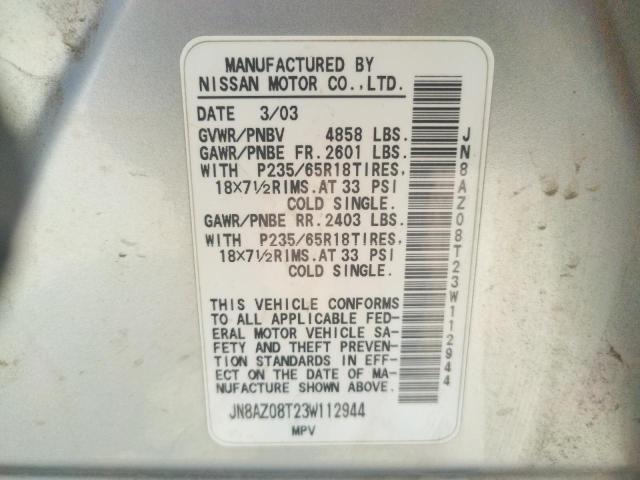 JN8AZ08T23W112944 - 2003 NISSAN MURANO SILVER photo 10