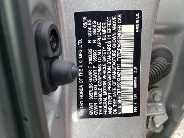 SHHFK7H90KU421171 - 2019 HONDA CIVIC SPOR SILVER photo 10