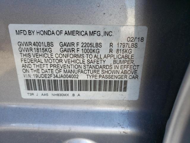 19UDE2F34JA004002 - 2018 ACURA ILX BASE W SILVER photo 10