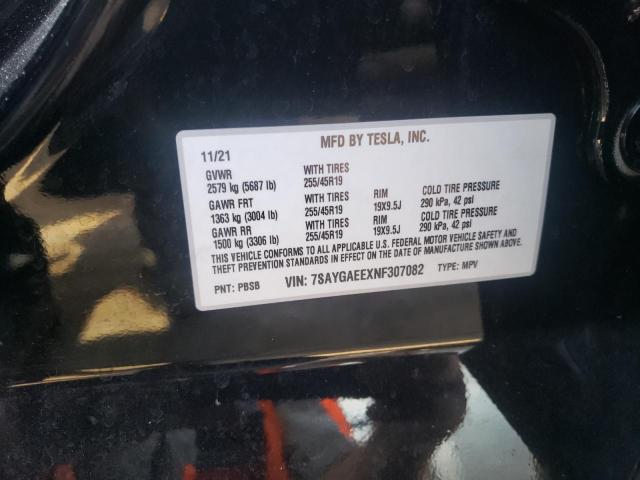 7SAYGAEEXNF307082 - 2022 TESLA MODEL Y أسود صورة 10