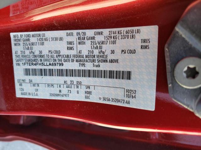 1FTER4FH5LLA69799 - 2020 FORD RANGER XL RED photo 10