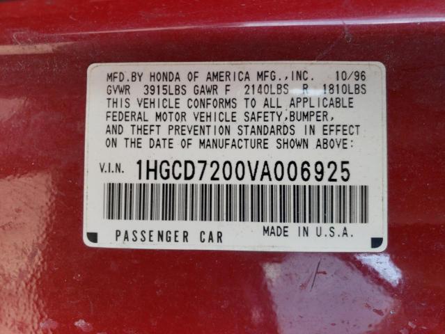 1HGCD7200VA006925 - 1997 HONDA ACCORD SE RED photo 10