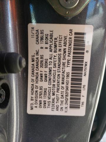 2HGFB2F94FH511965 - 2015 HONDA CIVIC EXL Boz foto 10