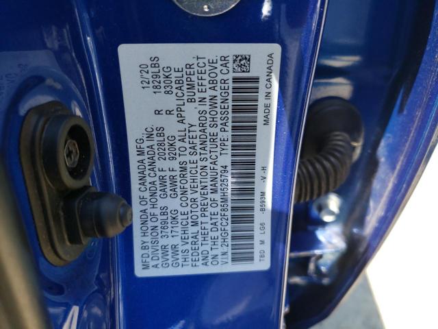 2HGFC2F85MH525794 - 2021 HONDA CIVIC SPOR BLUE photo 10