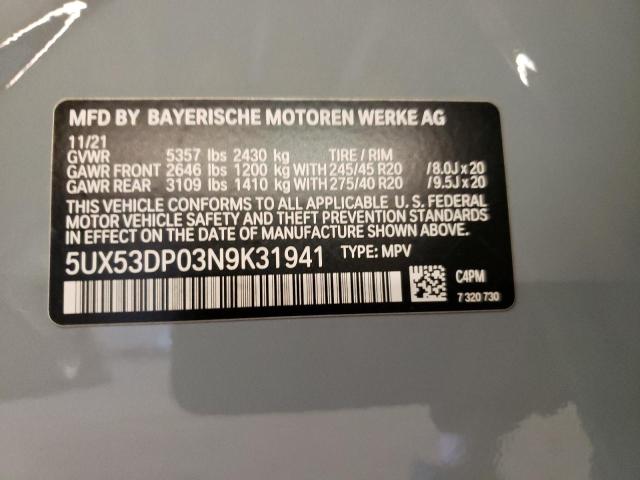 5UX53DP03N9K31941 - 2022 BMW X3 XDRIVE3 GRAY photo 10