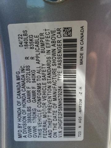2HGFE2F58NH579284 - 2022 HONDA CIVIC SPOR SILVER photo 10