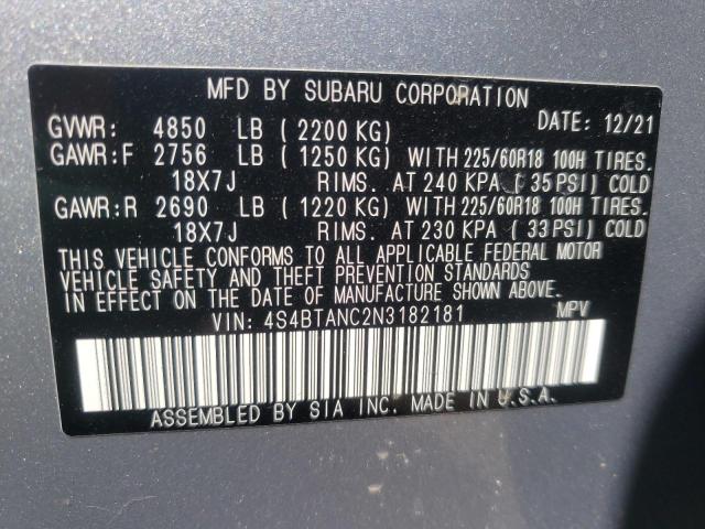 4S4BTANC2N3182181 - 2022 SUBARU OUTBACK LI SILVER photo 10