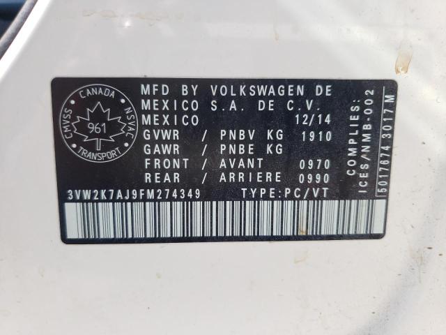 3VW2K7AJ9FM274349 - 2015 VOLKSWAGEN JETTA BASE Սպիտակ լուսանկար 10