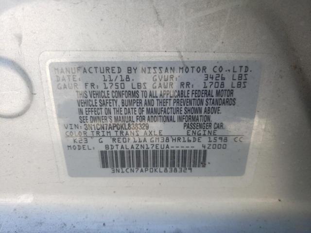 3N1CN7AP0KL838329 - 2019 NISSAN VERSA S  photo 10