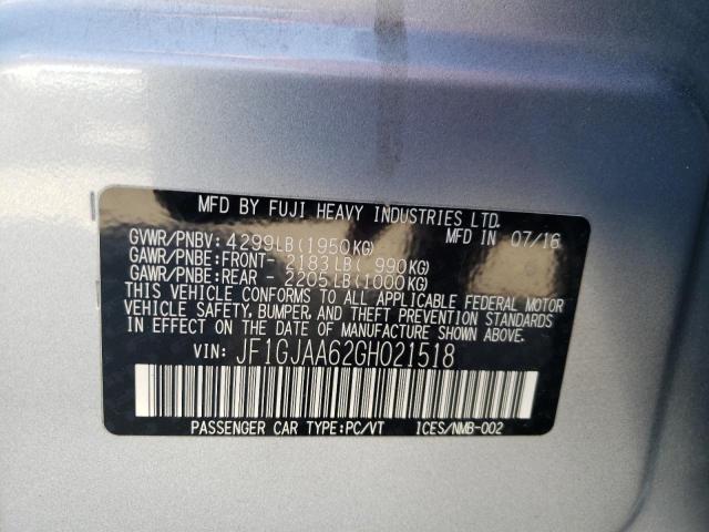 JF1GJAA62GH021518 - 2016 SUBARU IMPREZA SILVER photo 10