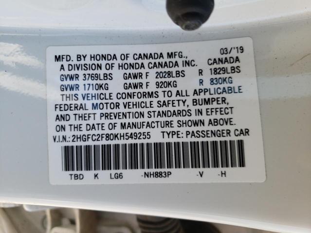 2HGFC2F80KH549255 - 2019 HONDA CIVIC SPOR 白色 照片 10