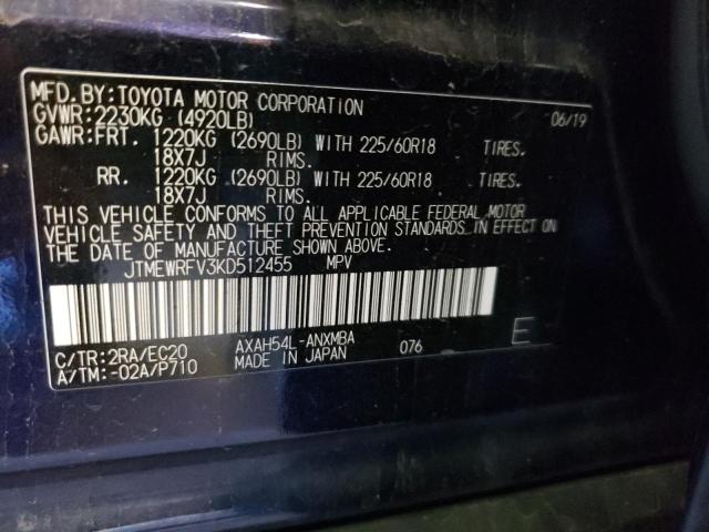 JTMEWRFV3KD512455 - 2019 TOYOTA RAV4 XSE BLUE photo 10