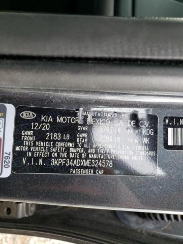 3KPF34ADXME324578 - 2021 KIA FORTE GT L GRAY photo 10