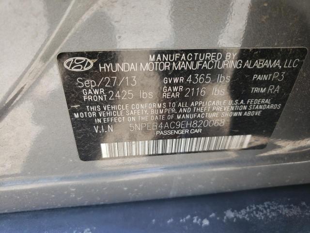 5NPEB4AC9EH820068 - 2014 HYUNDAI SONATA GLS GRAY photo 10