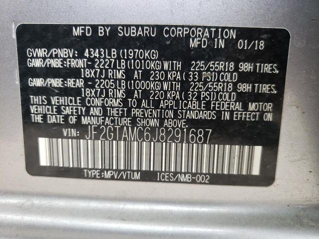 JF2GTAMC6J8291687 - 2018 SUBARU CROSSTREK SILVER photo 10