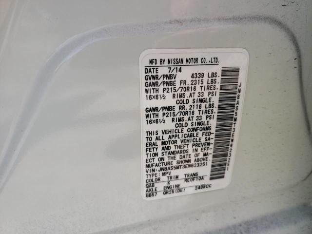 JN8AS5MT3EW623251 - 2014 NISSAN ROGUE SELE WHITE photo 10