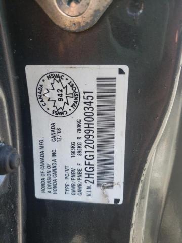 2HGFG12099H003451 - 2009 HONDA CIVIC EXL Boz foto 10