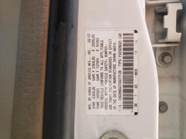 1HGCM66477A077128 - 2007 HONDA ACCORD SE WHITE photo 10