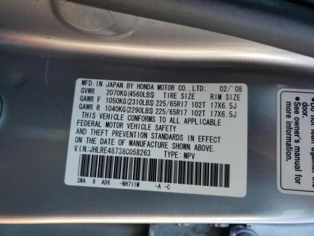 JHLRE48738C058263 - 2008 HONDA CR-V EXL SILVER photo 10