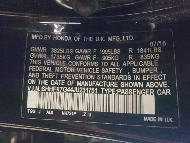 SHHFK7G44JU231751 - 2018 HONDA CIVIC SPOR BLACK photo 10