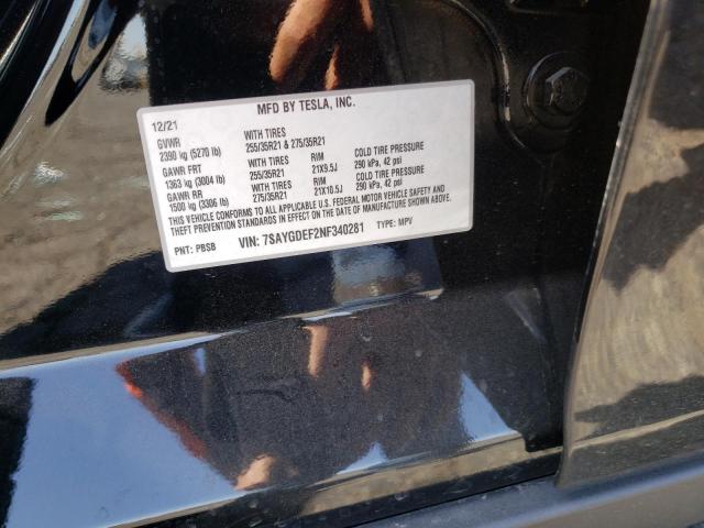 7SAYGDEF2NF340281 - 2022 TESLA MODEL Y أسود صورة 10