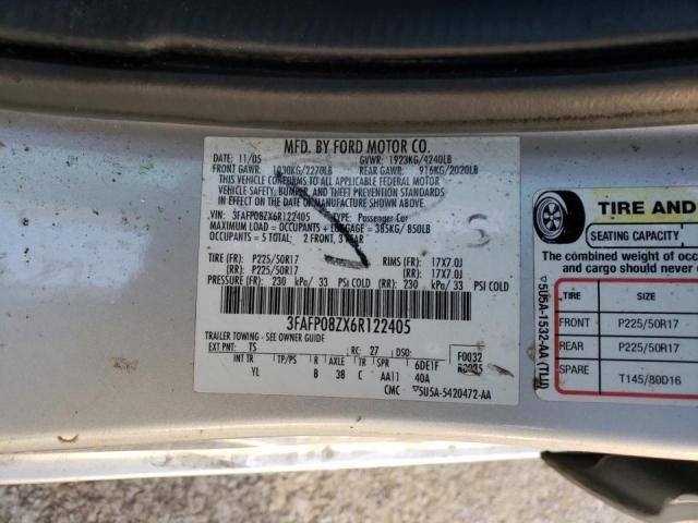 3FAFP08ZX6R122405 - 2006 FORD FUSION SEL GRAY photo 10