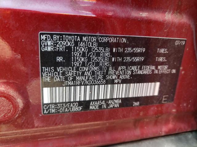 JTMA1RFV7KD036658 - 2019 TOYOTA RAV4 XLE P RED photo 10