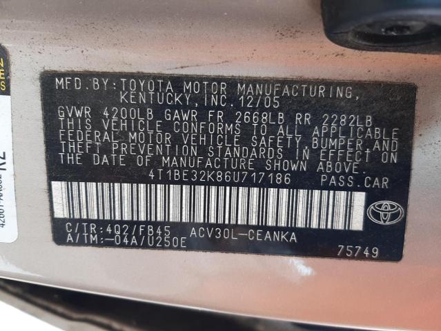 4T1BE32K86U717186 - 2006 TOYOTA CAMRY LE  photo 10