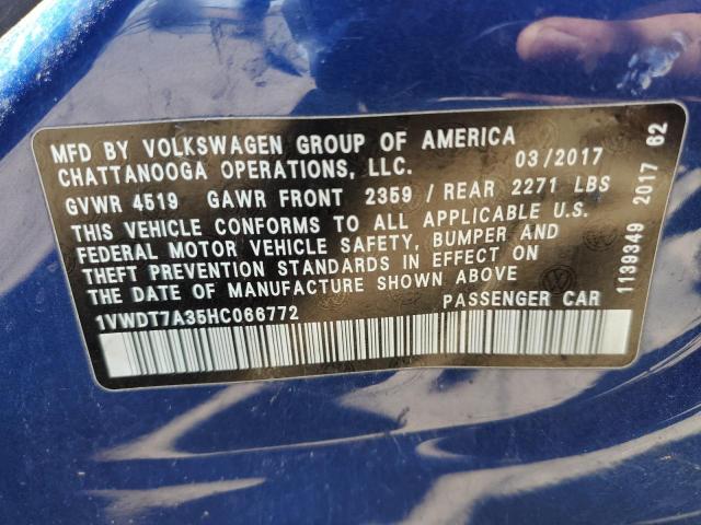 1VWDT7A35HC066772 - 2017 VOLKSWAGEN PASSAT R-L BLUE photo 10