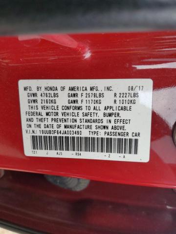 19UUB3F64JA003490 - 2018 ACURA TLX TECH+A MAROON photo 10