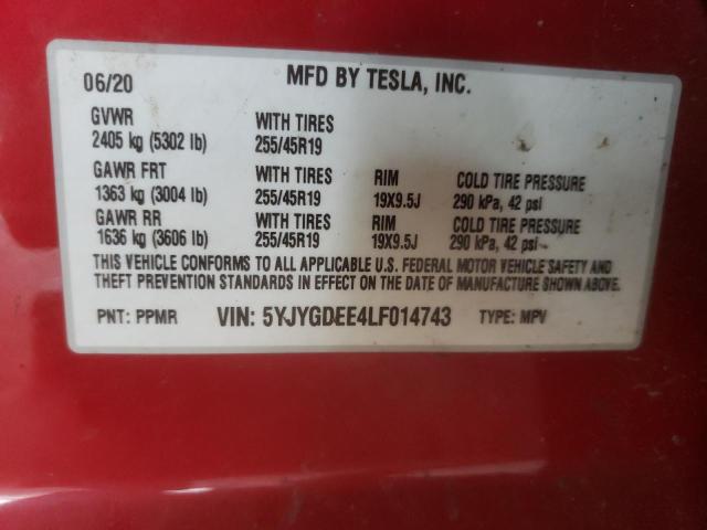 5YJYGDEE4LF014743 - 2020 TESLA MODEL Y Красный фото 10