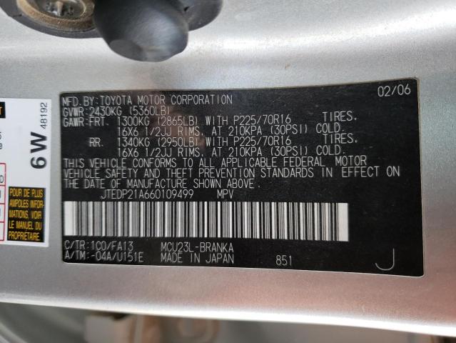 JTEDP21A660109499 - 2006 TOYOTA HIGHLANDER SILVER photo 10