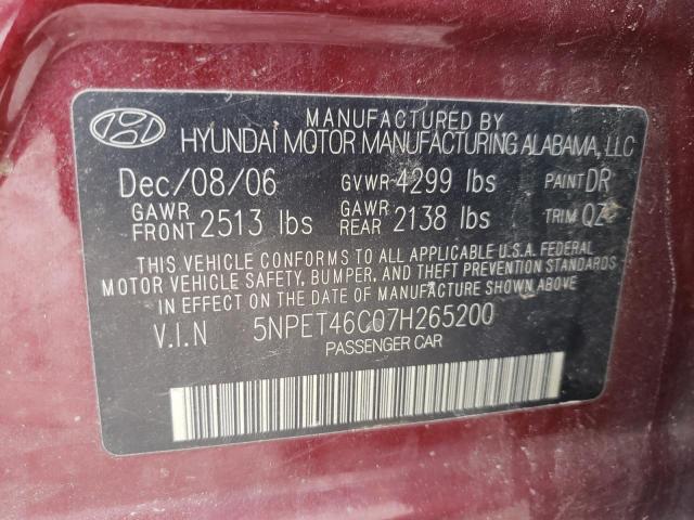 5NPET46C07H265200 - 2007 HYUNDAI SONATA GLS  photo 10